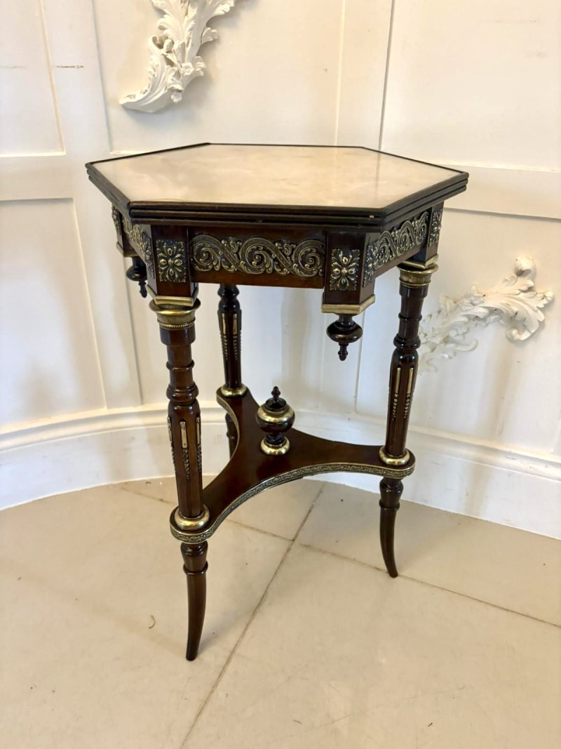 Antique Victorian French Quality Mahogany and Gilded Brass Marble Top Lamp Table - Image 4